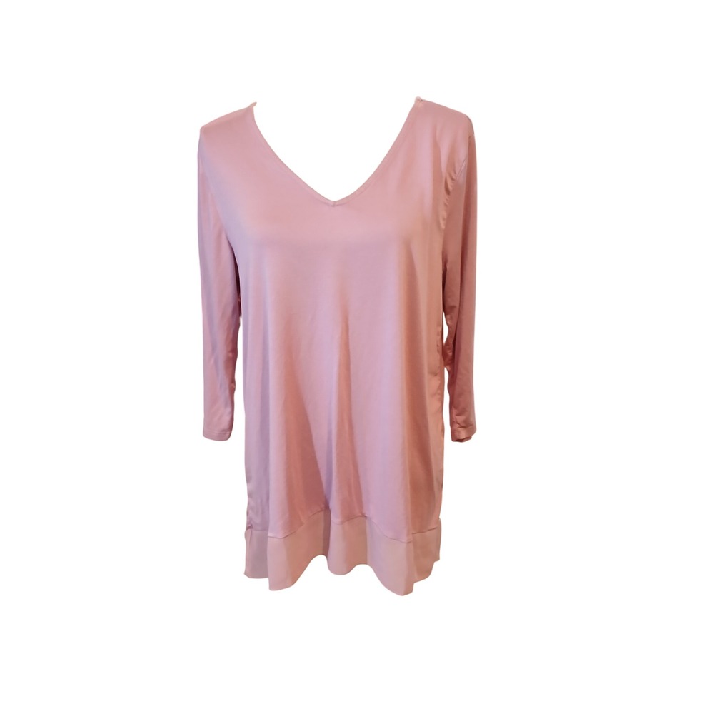 Soft Surrundings Womens Pink V-Neck Chiffon Trim Tunic Petite L Lagenlook - Flaw